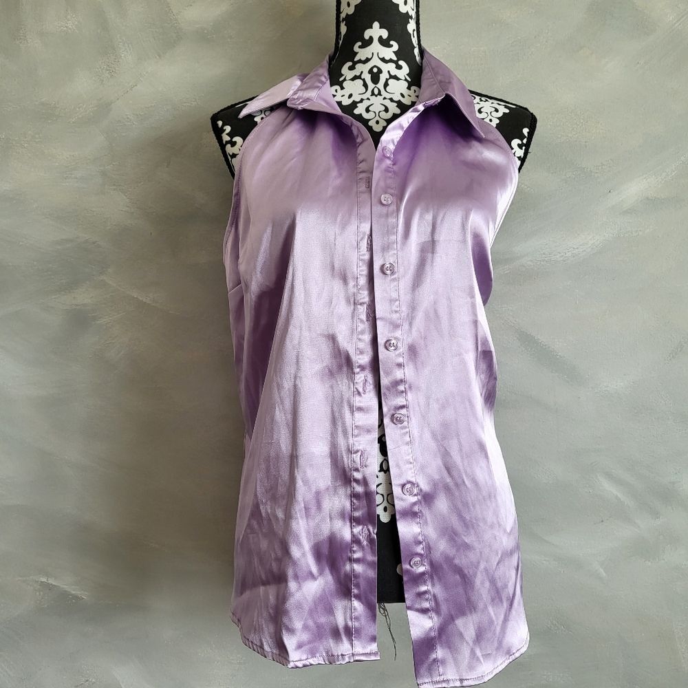 New York & Company Lilac Halterneck Button Front Satin Look Blouse L